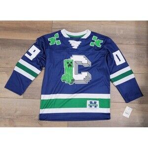 Youth Minecraft Hockey Jersey Size S Blue Green Long Sleeve #09 Creeper Captain